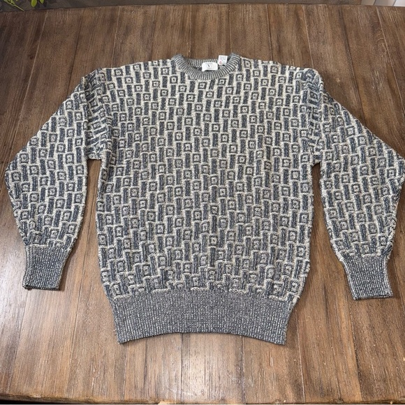 Vintage Men’s 90s Crewneck Sweater Black Blue White Patterned Valentino Garavani - Picture 2 of 8